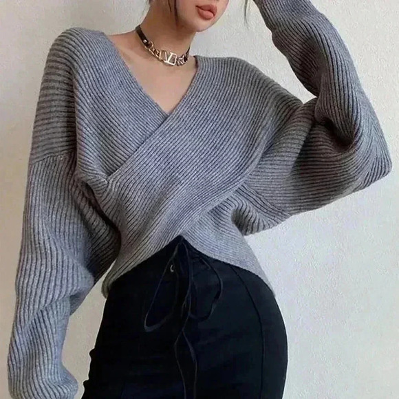 Grey Casual Women's Crossover Wrap Sweater - Picture 4 of 4